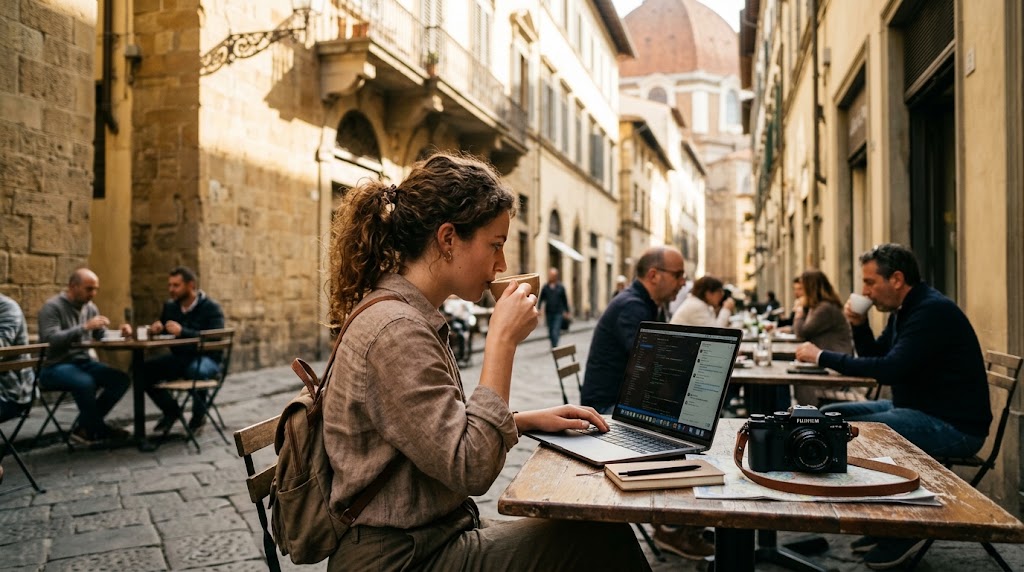 A laptop, camera, and passport on a desk overlooking a scenic view representing getting paid to travel.